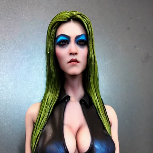 Image similar to ultra realistic painted sculpture of very beautiful cyberpunk woman. realistic waxwork. detailed lifelike. full body. beautiful. very attractive. wow. stunning. punk. comic book inspired. professional cosplay. painted model. action pose