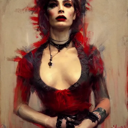 Image similar to solomon Joseph Solomon and Richard Schmid and Jeremy Lipking victorian genre painting portrait painting of a young beautiful woman Margot Robbie punk rock goth with punk rock haircut in fantasy costume, red background