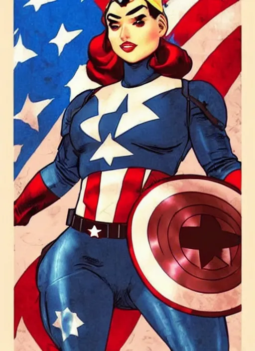 Prompt: syrian female captain america. feminist captain america wins wwii. american wwii propaganda poster by masamune shirow, rob liefeld and pixar. gorgeous face. pin up model. overwatch.