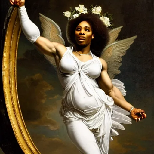 Prompt: Portrait of Serena Williams with wings as Nike Goddess standing proud, large wings, luxuriant, dreamy, eternity, romantic, strong pose, highly detailed, in the style of Franz Xaver Winterhalter, highly detailed, in the style of Aetherpunk