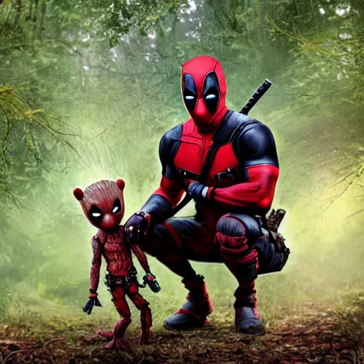 Image similar to deadpool and groot in the woods playing digital art 4 k detailed