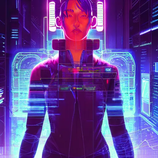 Image similar to a cyberpunk netrunner surrounded by a glowing computer interface, centered in the frame, cyberpunk concept art by Jean Giraud and josan gonzales, digital art, highly detailed, intricate, sci-fi, sharp focus, Trending on Artstation HQ, deviantart, 4K UHD image