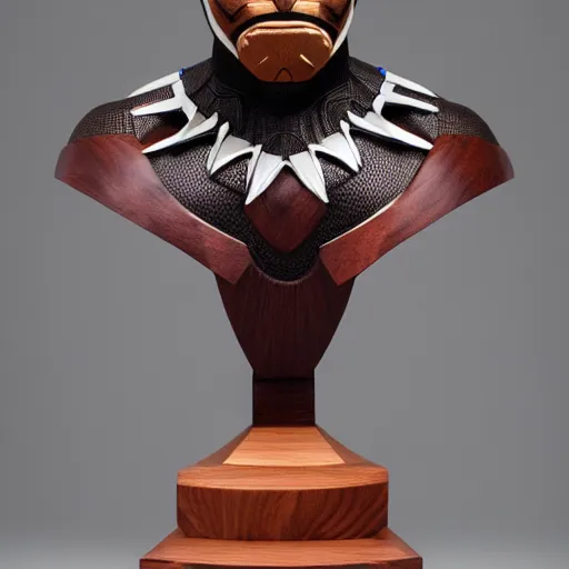 Image similar to a completely made of wood, real - world sculpture bust of the black panther marvel character, made of highly polished walnut wood, polished, cedar, polished tiger - wood. photograph, photographic, 3 5 mm