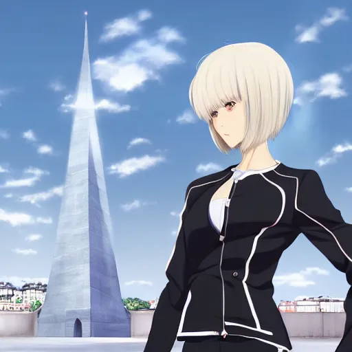 Prompt: aristocratic platinum - blonde - haired bob cut blue - eyed princess wearing white leggings and black jacket, standing next to communist monument, anime, hd anime wallpaper, hyperrealistic lighting, drawn by artgerm