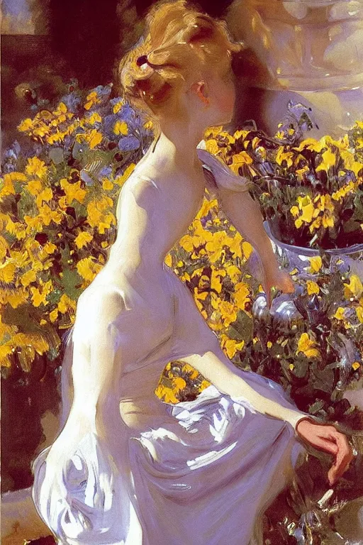 Prompt: girl waer detailed golden arabesque dress with a lot of narcissus in persian pot, painting by john singer sargent