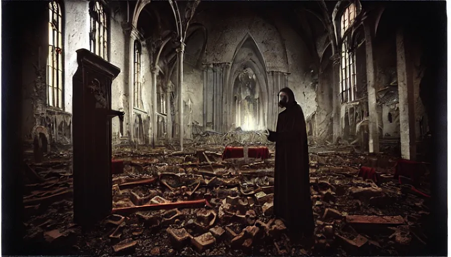 Prompt: a dark priest conducts a ceremony in the middle of a destroyed church, blood, religion, death, fear, horror, ultra realistic, hyperrealism, by giger, by marc simonettii, polaroid, bokeh, 4 k