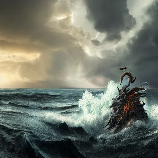 Image similar to a dragon with three heads emerging from the ocean during a storm, dramatic lighting, cinematic, high coherence, hyperrealistic, anatomically correct, path traced, highly detailed, high quality, 8 k hdr, octane render, unreal engine 5, trending on artstation, epic image, turbulent sea, concept art, digital art