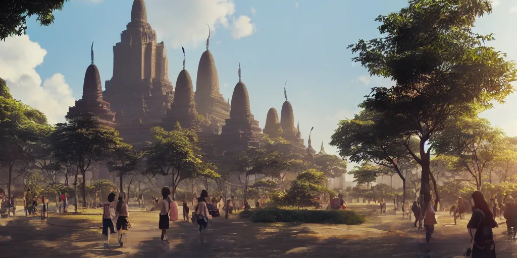 Prompt: a matte of sukhothai in the sunny day, lovely, high quality realistic human, crowded landscape, japanese anime, hyper realistic, volumetric lighting, artstation, by makoto shinkai