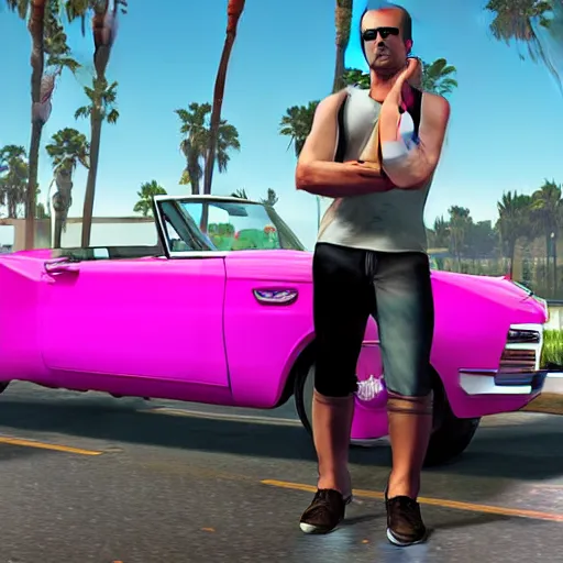 Image similar to gta v covert art by stephen bliss of ryan gosling wearing aviator sunglesses near a pink convertible car