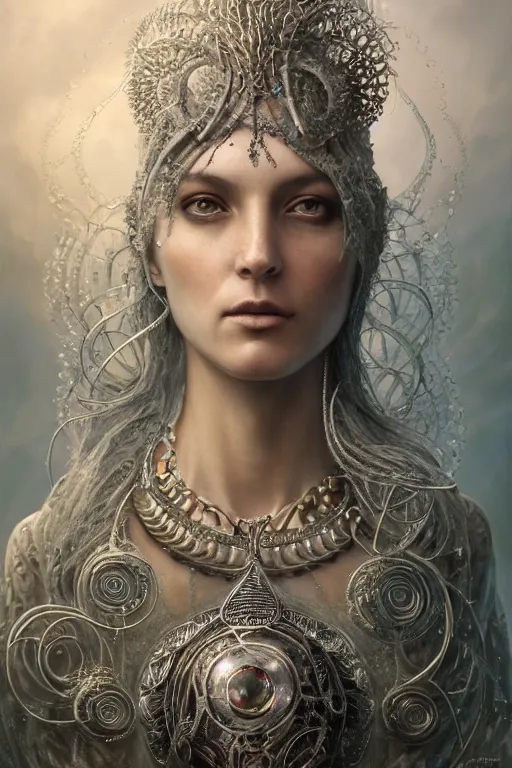 Image similar to a centered render of a wild post apocalyptic goddess with wearing ornate silver and gemstones and crystal clothing surrounded by flowing liquid gallium jellyfish and sacred geometry, perfect body and face, gorgeous, cinematic, beautifully lit, by tomasz alen kopera and peter mohrbacher and craig mullins, 3 d, trending on artstation, octane render, 8 k