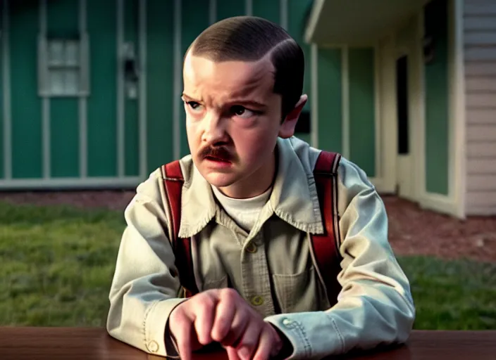 Image similar to film still of jim hopper as eleven in stranger things, 8 k