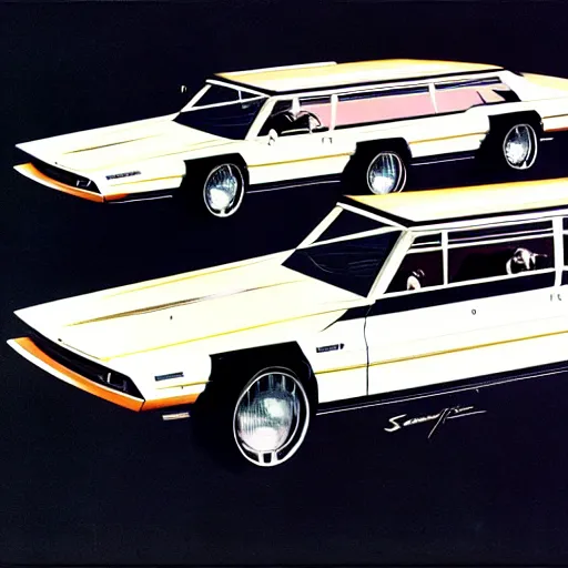 Prompt: concept art for a station wagon covered in mounted guns, painted by syd mead, high quality