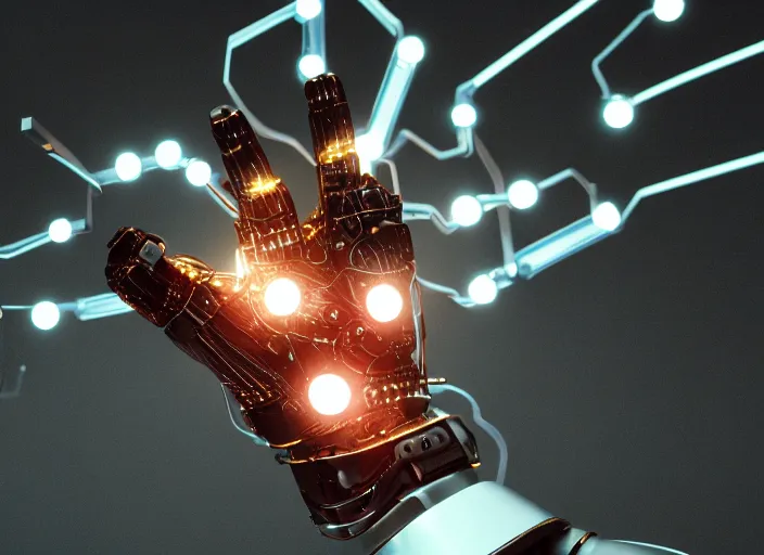 Image similar to a 3D render of a metallic hand made of shiny metal, cyborg cyberpunk with lights and electricity and wires, bokeh, Canon 50mm, cinematic lighting, volumetric light, octane, octane render, redshift render