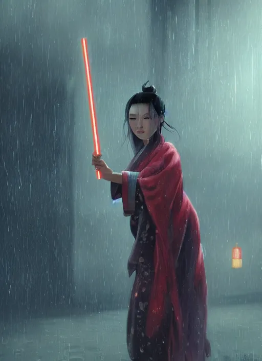 Image similar to a Photorealistic dramatic hyperrealistic render of an an Asian woman dressed in a kimono wielding two lightsabers, in the rain dramatic lighting, by WLOP,Artgerm,Greg Rutkowski,Alphonse Mucha, Beautiful dynamic dramatic dark moody lighting,shadows,cinematic atmosphere,Artstation,concept design art,Octane render,8K
