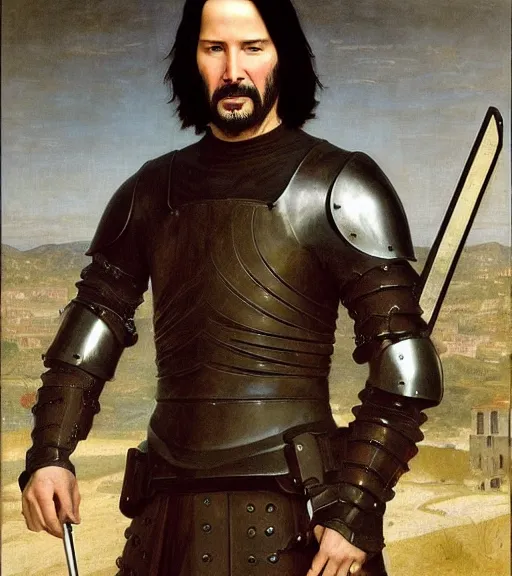 Prompt: keanu reeves in medieval armour, bouguereau and waterhouse