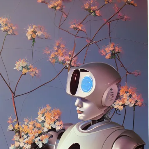 Image similar to a 3 d vaporwave painting by syd mead of a bipedal robot head with flowers growing out of the top, trending on artstation, masterpiece, incredible details