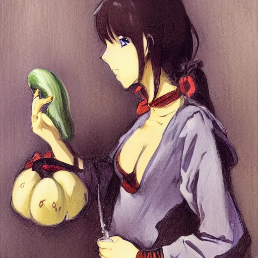 Image similar to anime girl pouring water from a gourd in the style of john singer sargent