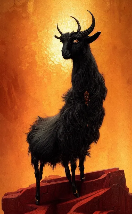 Image similar to a detailed portrait of a black goat on a golden throne, in a red river, concept art, deep focus, intricate, highly detailed, digital painting, artstation, matte, sharp focus, illustration, art by greg rutkowski and alphonse mucha