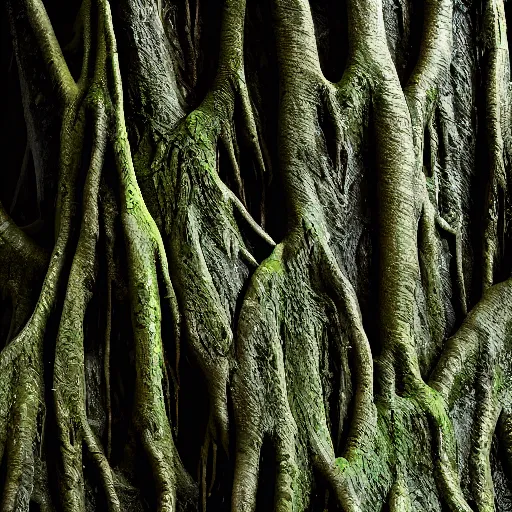 Image similar to close up of a strangler fig tree with mutant likens growing on its bark. In the background a lush, dense forest, volumetric dusk light filtering from above. Eerie but serene, photorealistic, 8k