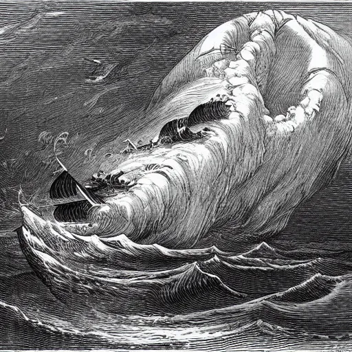 Prompt: large ship being tossed about in a fierce storm in the sea, dark, low light, terrifying, beautiful, john tenniel illustration