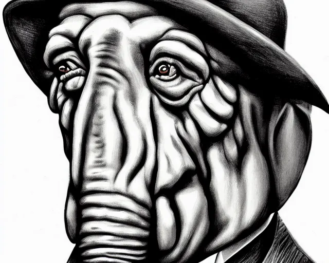 Image similar to a caricature art portrait of the elephant man, in the style of sebastian kruger, high def, detailed, art, fine art, sharp focus, highly detailed