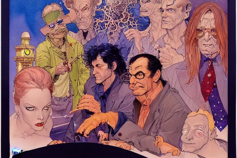 Image similar to a hyperrealist watercolour character concept art portrait of science fiction move poster, multiple characters, well lit night in las vegas, nevada. by rebecca guay, michael kaluta, charles vess and jean moebius giraud