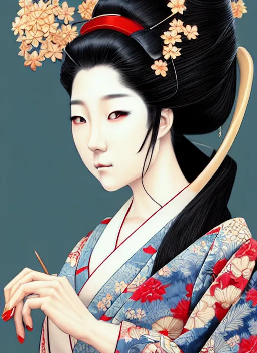 Image similar to lovely japanese geisha, character portrait, sketch, concept art, intricate details, highly detailed photorealistic, portrait, in the style of adam hughes, seseon yoon, artgerm and warren louw