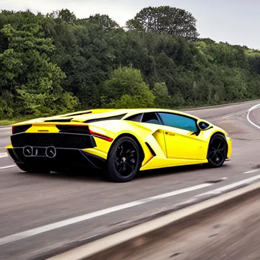 Prompt: Lamborghini driving on highway with three banana peels following directly behind it