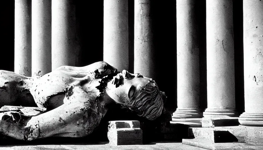 Prompt: 1 9 7 0 s movie still close - up of caligula dead - slaughtered on huge classical amphiteather with columns, cinestill 8 0 0 t 3 5 mm b & w, high quality, heavy grain, high detail, dramatic light, cinematic composition, anamorphic, blood, bleeding, by raphael by irving penn