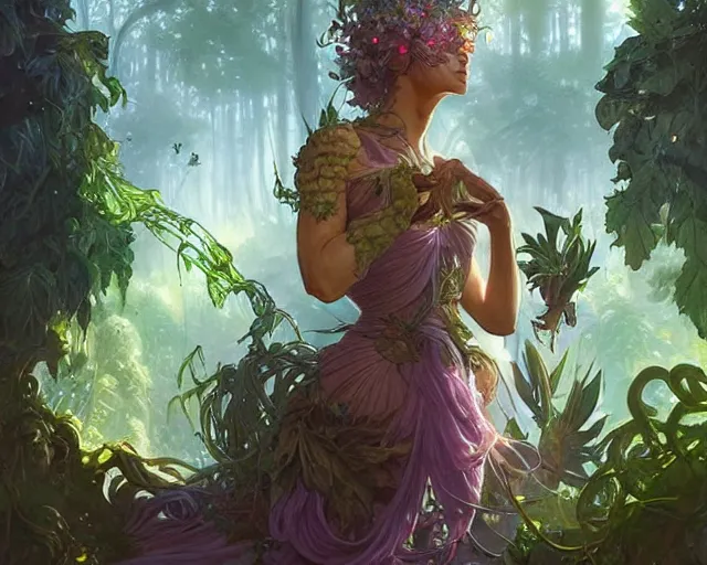 Prompt: drug acid trip forest garden giant vegetables, deep focus, d & d, fantasy, intricate, elegant, highly detailed, digital painting, artstation, concept art, matte, sharp focus, illustration, hearthstone, art by artgerm and greg rutkowski and alphonse mucha