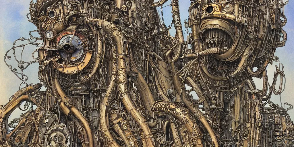 Prompt: steampunk designed by h. r. giger,, architecture, painted by moebius and jean - michel charlier, colorful, extremely detailed faces, intricate linework, smooth, super sharp focus, colorful, high contrast, matte