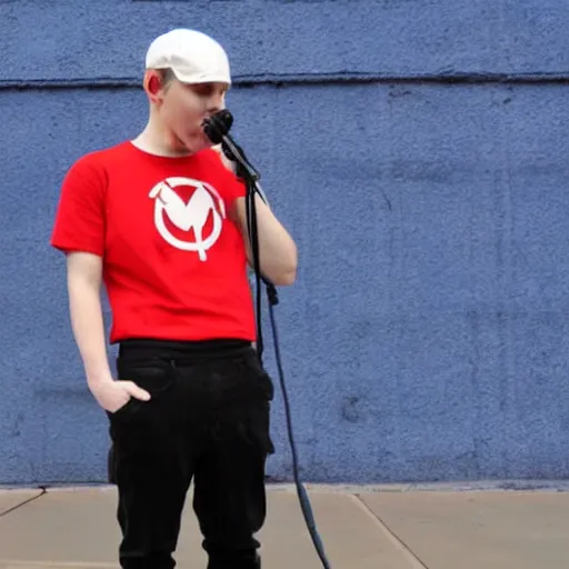 Prompt: a full body shot of an average white, short young - adult man with blue dyed hair holding a microphone, wearing a red backwards cap, white t - shirt with a red no symbol on it, blue long pants and red shoes