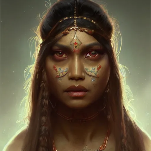 Prompt: painting of a muscular dark nepali female, big eyes, fat, ultra realistic, concept art, intricate details, eerie, highly detailed, photorealistic, octane render, 8 k, unreal engine. art by artgerm and greg rutkowski and alphonse mucha