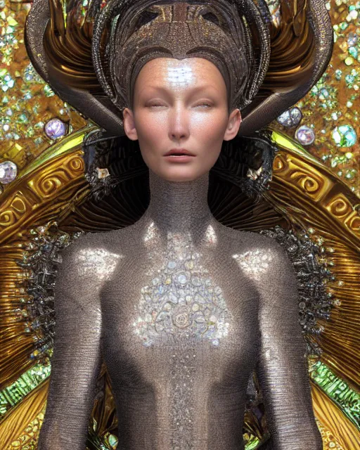 Image similar to a highly detailed metahuman 4 k close up render of an alien goddess bella hadid monument renaissance in iris van herpen dress schiaparelli in diamonds crystals swarovski and jewelry iridescent in style of alphonse mucha gustav klimt trending on artstation made in unreal engine 4