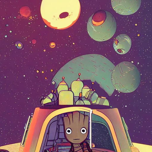 Image similar to baby groot lies flat in bed the space ship, by victo ngai