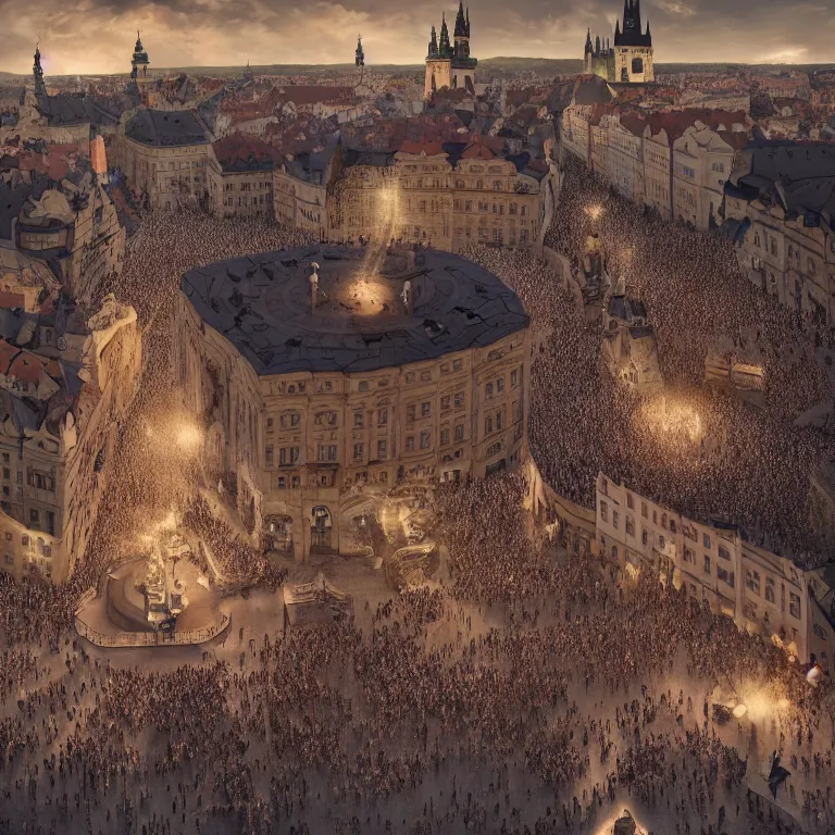 Image similar to shocked crowds of people witnessing ufo flying saucer landing in 1493 in Prague, column of light, beautiful detailed intricate insanely detailed 3D render digital art, octane render, 8K artistic portrait photography, photorealistic digital art, realistic volumetric lighting