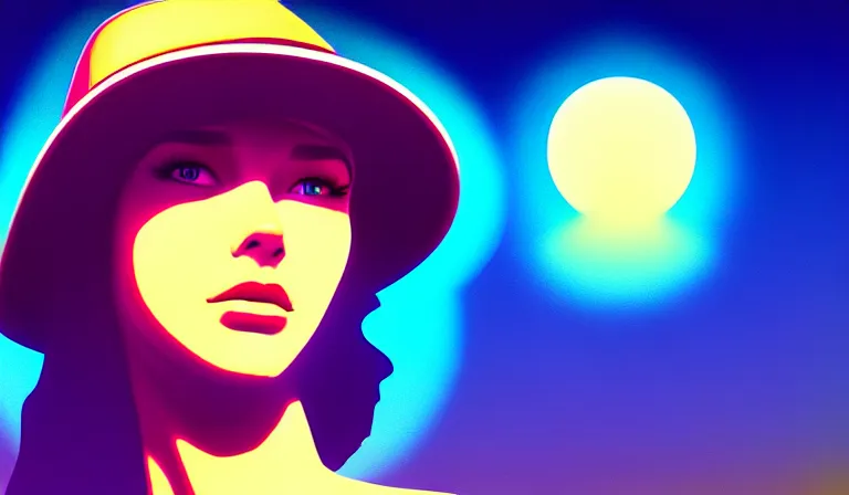 Image similar to a beautiful and immaculate young teenager girl with fedora hat. synthwave. outrun style. trending on artstation. recommended for you behance. by chris moore. by edward hopper. metropolis filmic. gotham city.