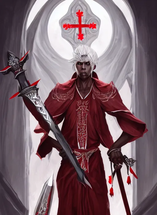 Image similar to a highly detailed illustration of sadistic white haired tanned african priest wearing white robe with red cross design, wielding divine bloody sword, evil smile, gothic church background, intricate, elegant, highly detailed, centered, digital painting, artstation, concept art, smooth, sharp focus, league of legends concept art, wlop