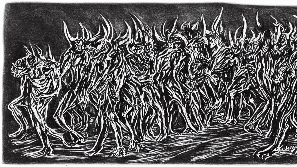 Prompt: a Scratch art of a demons in a funeral