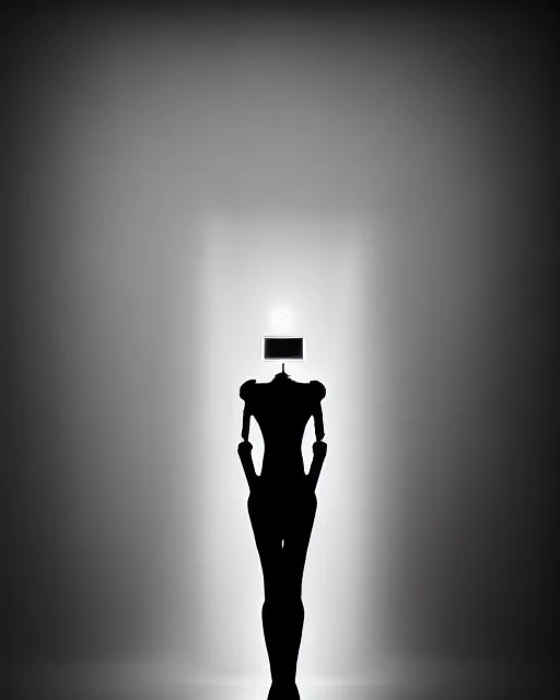 Image similar to black and white high quality photo of a beautiful female AI vegetal-cyborg looking into a sci-fi mirror, volumetric lighting, liminal space, brutalism, foggy, dreamy, hyperdetailed, bokeh, photorealistic, cinematic, masterpiece, Metropolis, Fritz Lang, elegant, dark, by Man Ray in the style of Horst P. Horst, octane render, 8K,