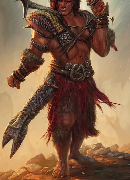 Image similar to tiefling barbarian, ultra detailed fantasy, dndbeyond, bright, colourful, realistic, dnd character portrait, full body, pathfinder, pinterest, art by ralph horsley, dnd, rpg, lotr game design fanart by concept art, behance hd, artstation, deviantart, hdr render in unreal engine 5