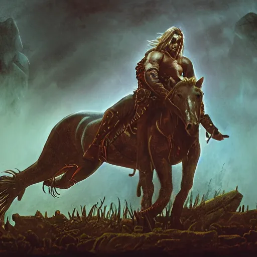 Prompt: Atreyu in leather tunic and loincloth, pulling the reins on Artax, trying to save the horse from the swamp of sadness. gouache, dark, volumetric lighting, crepuscule, octane render