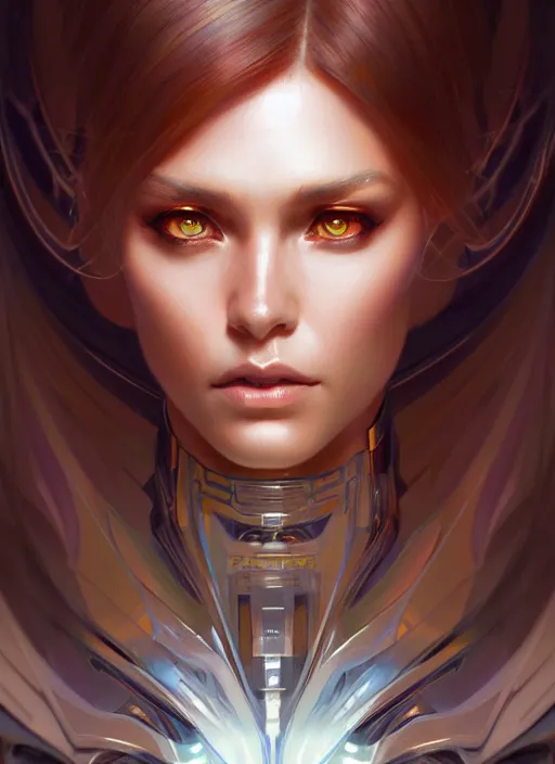 Image similar to futuristic woman portrait, sci-fi, amber eyes, face, long hair, fantasy, intricate, elegant, highly detailed, digital painting, artstation, concept art, smooth, sharp focus, illustration, art by artgerm and greg rutkowski and alphonse mucha