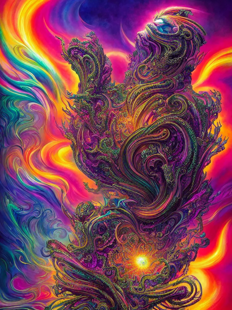 Image similar to depicting a wrathful technological nightmare monster god, in the style of lisa frank, exuberant organic elegant forms, by karol bak and filip hodas : : 1. iridescent, multicolored, holographic intricate mandala explosions : : intuit art : : turbulent clouds backdrop : : damask wallpaper : : atmospheric