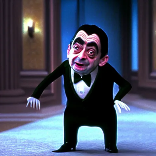 Image similar to mr. bean as wednesday from the adams family. movie still. cinematic lighting.