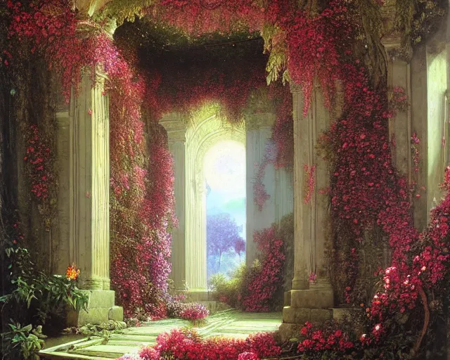 Prompt: Arcane temple of love, ivy and florid overgrowth, flowers, radiant light, ferdinand knab