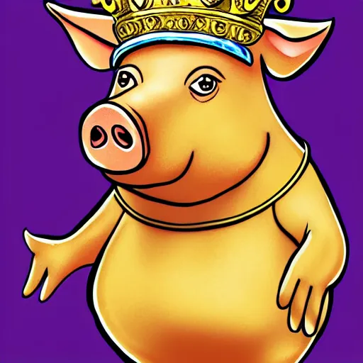 Image similar to pig wearing a gold crown on it's head illustration concept art in the style of Arthur Adams, full body 8k