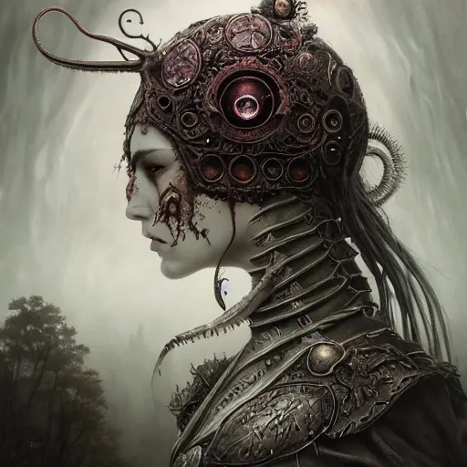 Image similar to curiosities soft paint of a single beautiful warrior in full gothic armor, stunning photorealist eyes, symmetry accurate features, eyeballs, vegetation tentacles, dense volumetric fog, focus, very intricate ultrafine details, gloomy colors, award winning masterpiece, tom bagshaw artstyle