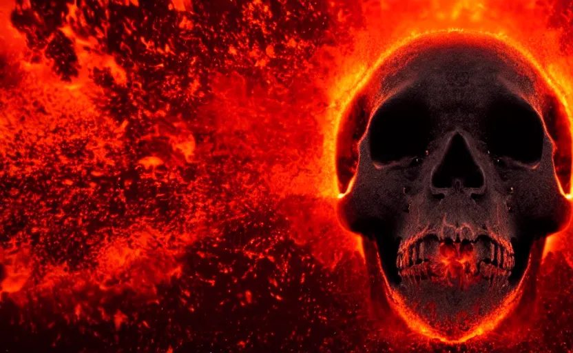 Prompt: nuclear explosion of blood in a shape of a skull, cinematic shot, dramatic volumetric lighting, epic composition, 4K Ultra HD