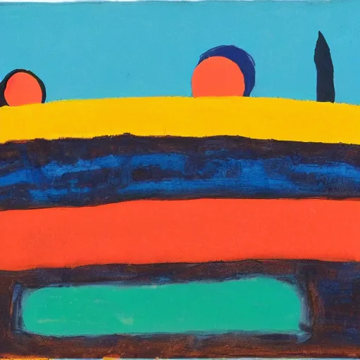 Prompt: fluorescent blue, dark orange by etel adnan daring. the land art shows four people sitting in a diner late at night. the people in the land art look tired & lonely. the land art is set in new york city & shows the city's skyline in the background.